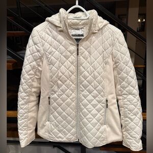 Cream Quilted Jacket Medium Hooded Zip Front Coat